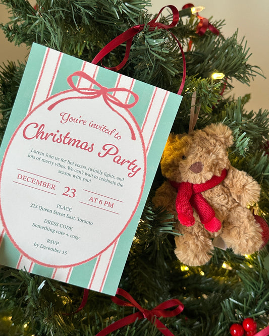 Christmas party invitation card with teddy bear decoration on a tree